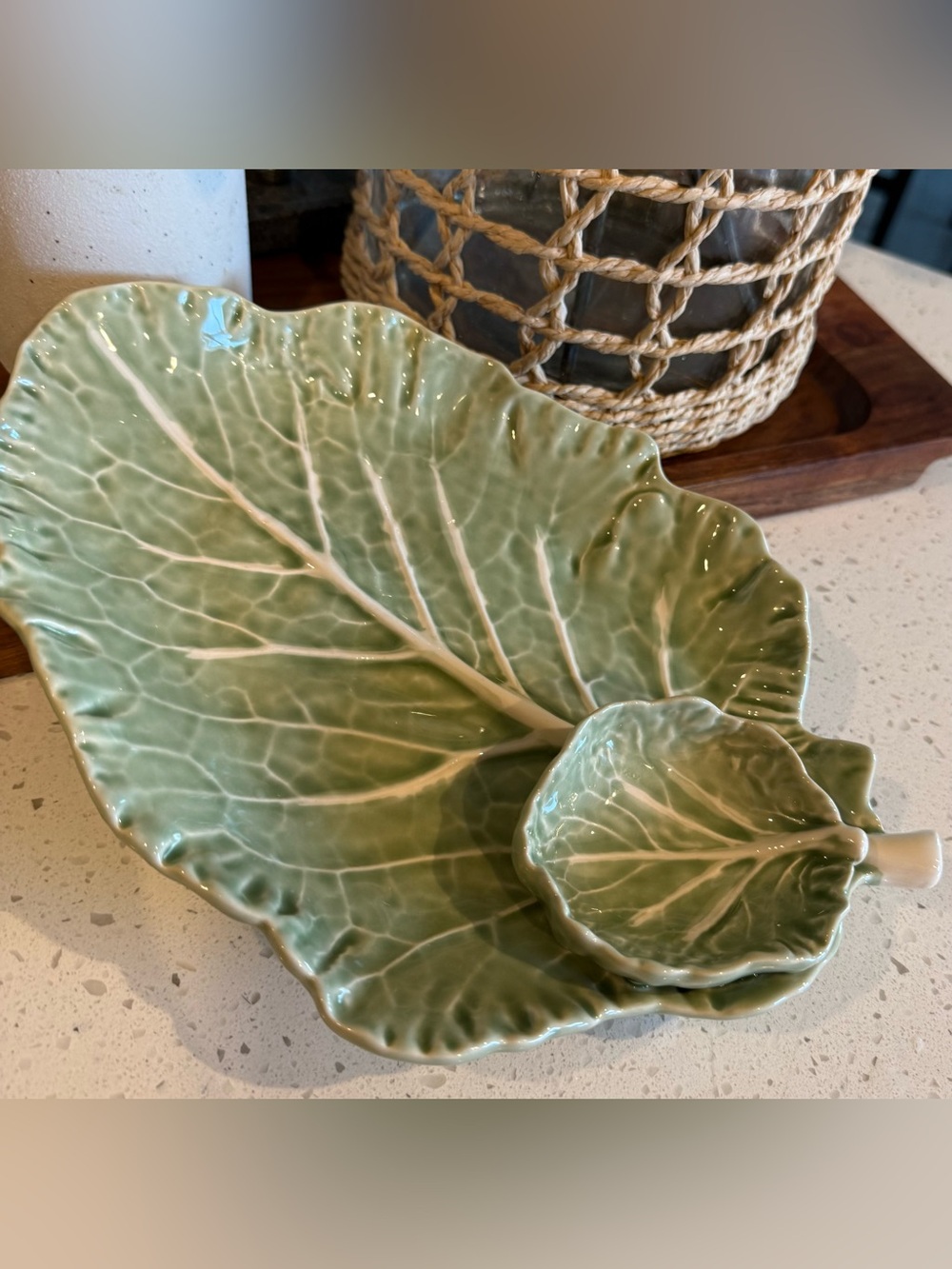 Vintage Bordallo Pinheiro Cabbage Leaf Serving Dish Chips Dip Plate Portugal 10.